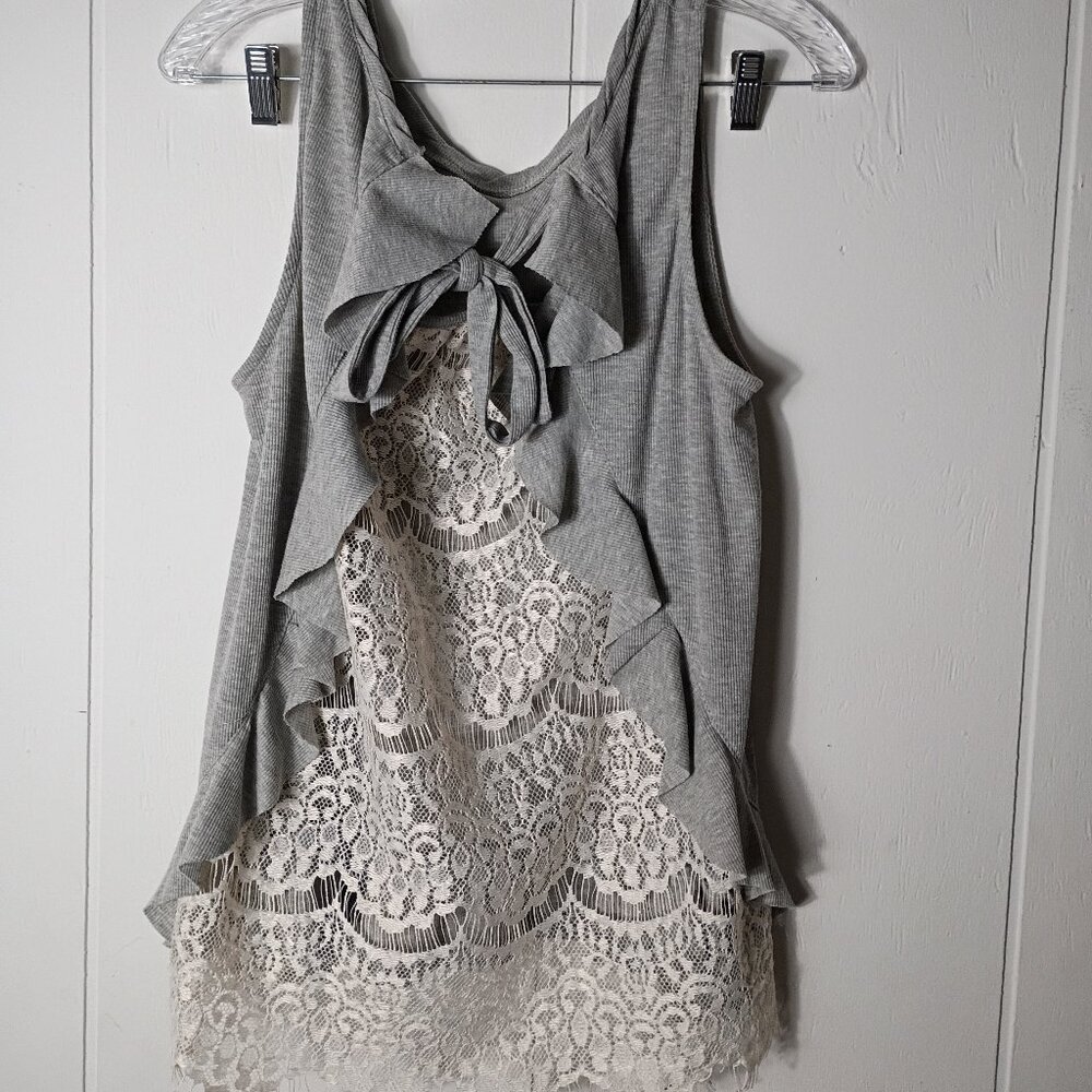 Umgee USA Womens M Gray Lace Open Back Tank Top Coquette Fairycore Lagenlook Bow